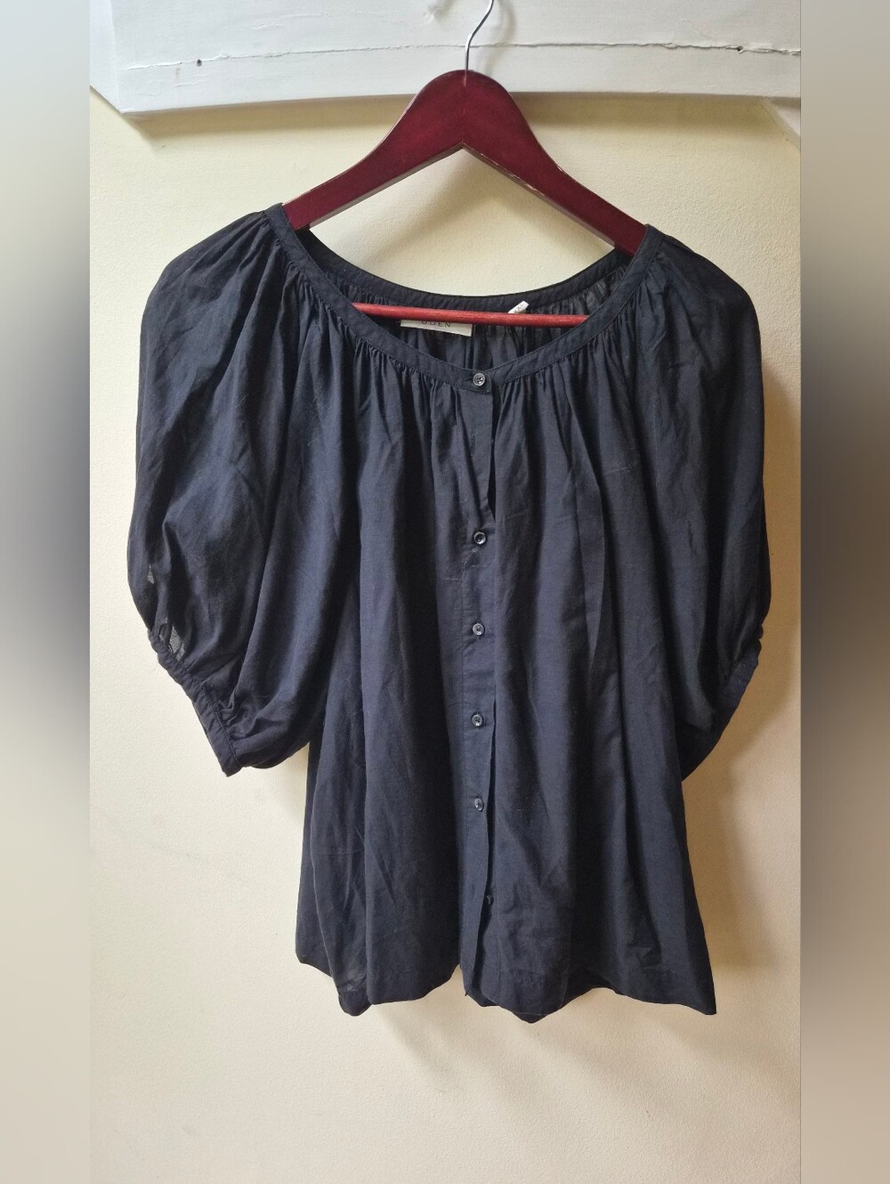 DÔEN Black Gathered Button Front Blouse Puff Sleeve XXL
